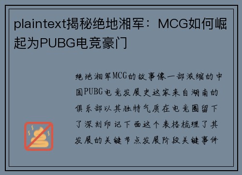 plaintext揭秘绝地湘军：MCG如何崛起为PUBG电竞豪门